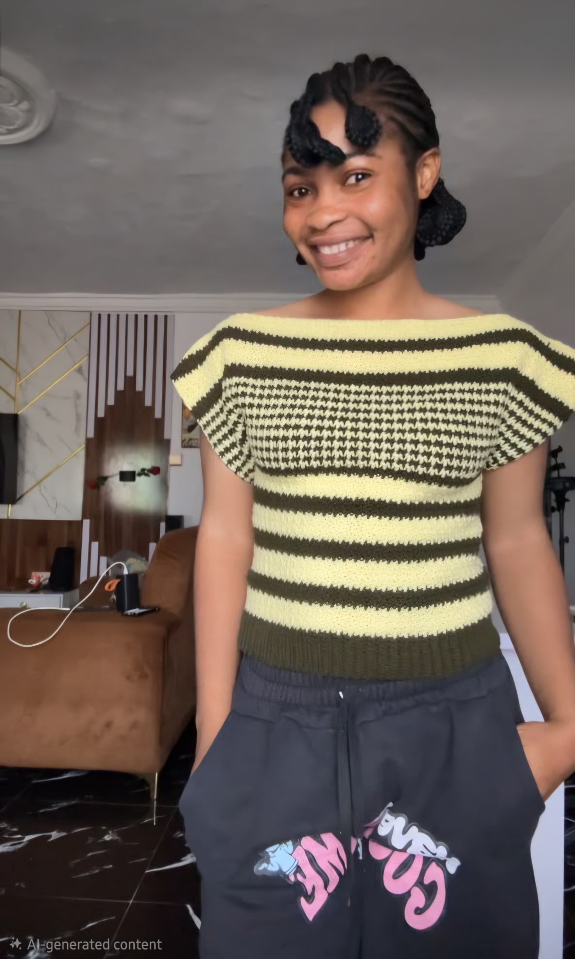 Butter-yellow and olive striped crochet top